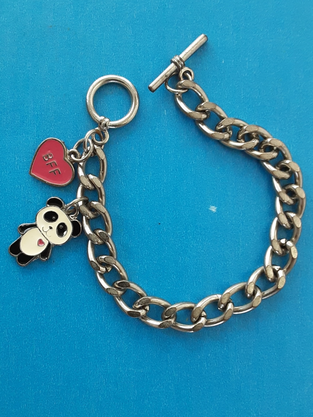 Stainless Steel Curb Chain Bracelet with Panda and Red 'BFF' Heart Charms, 7"